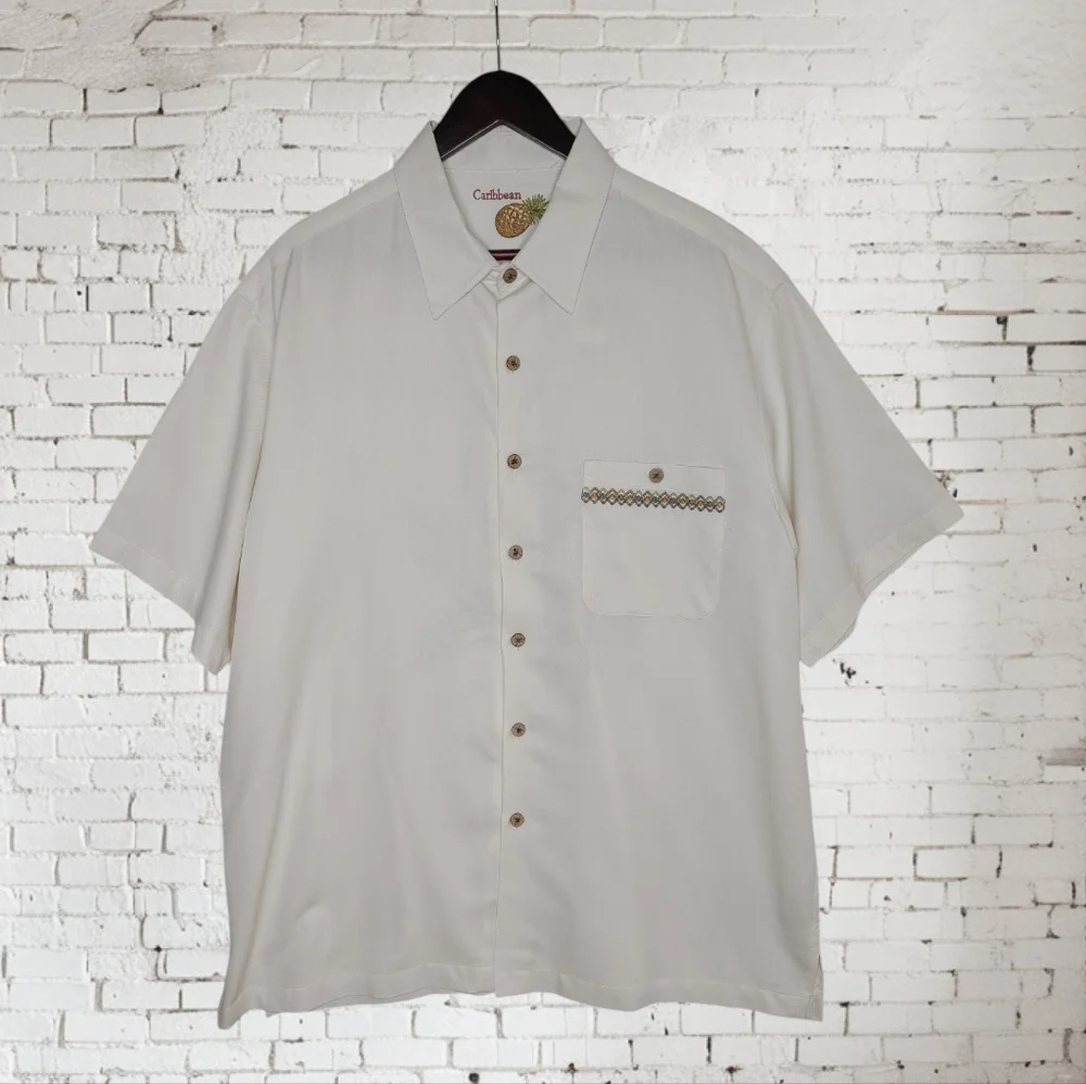 Caribbean Embroidered Short Sleeve Woven Shirt, Cream XL